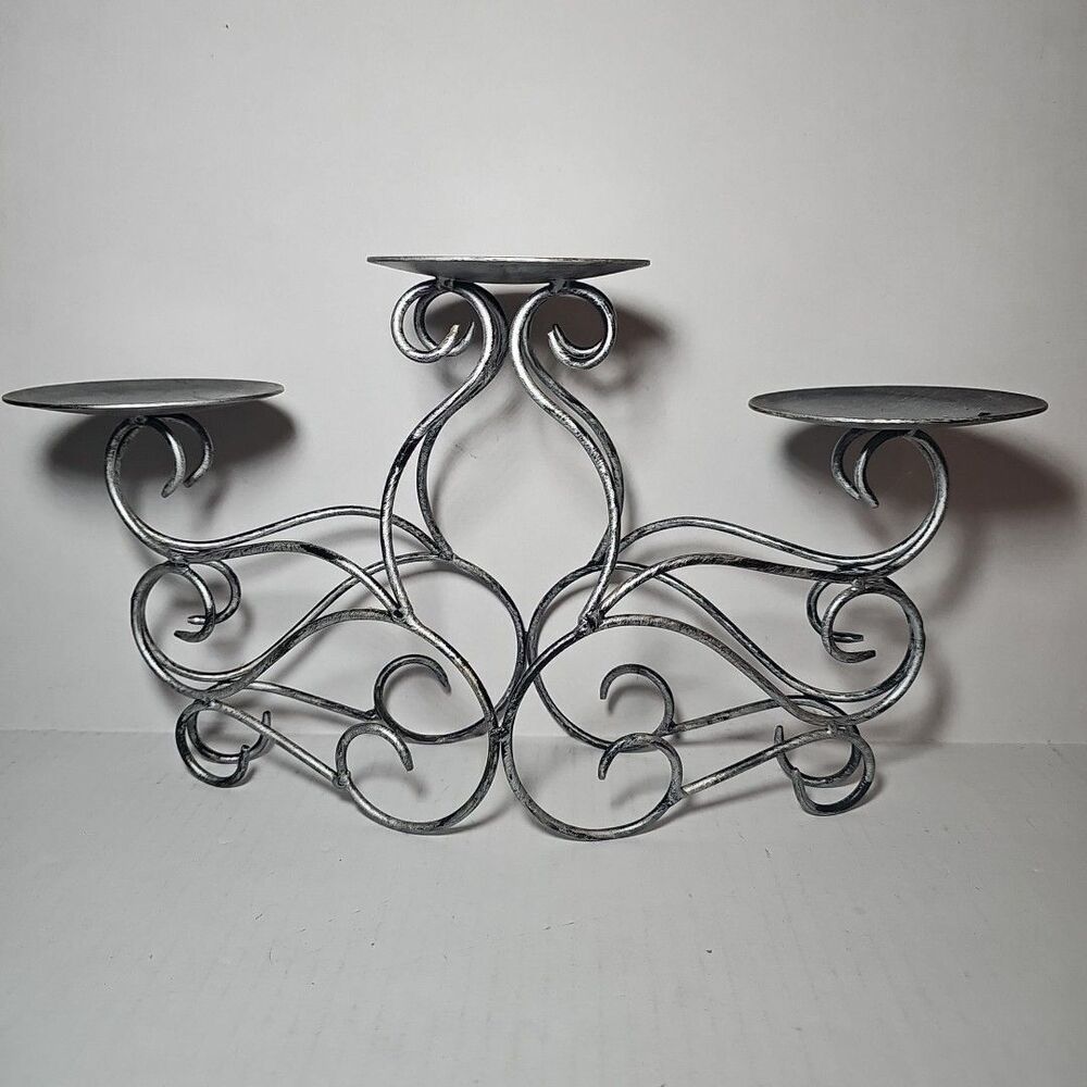 Brushed Silver Scrolled Metal Candle Holder Three Tier Pillar Candelabra